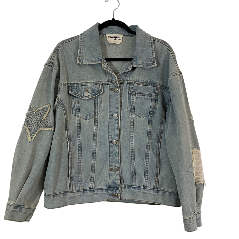 Savanna Jane Size Large Denim Jacket Star Sequin Patch Distressed Western Women